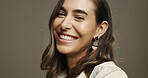 Portrait, smile and woman with makeup, studio and self expression with cosmetics, model and beauty. Happy, confident and person with glow of foundation, aesthetic and appearance with facial treatment