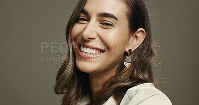 Buy stock photo Portrait, smile and woman with makeup, studio and self expression with cosmetics, model and beauty. Happy, confident and person with glow of foundation, aesthetic and appearance with facial treatment