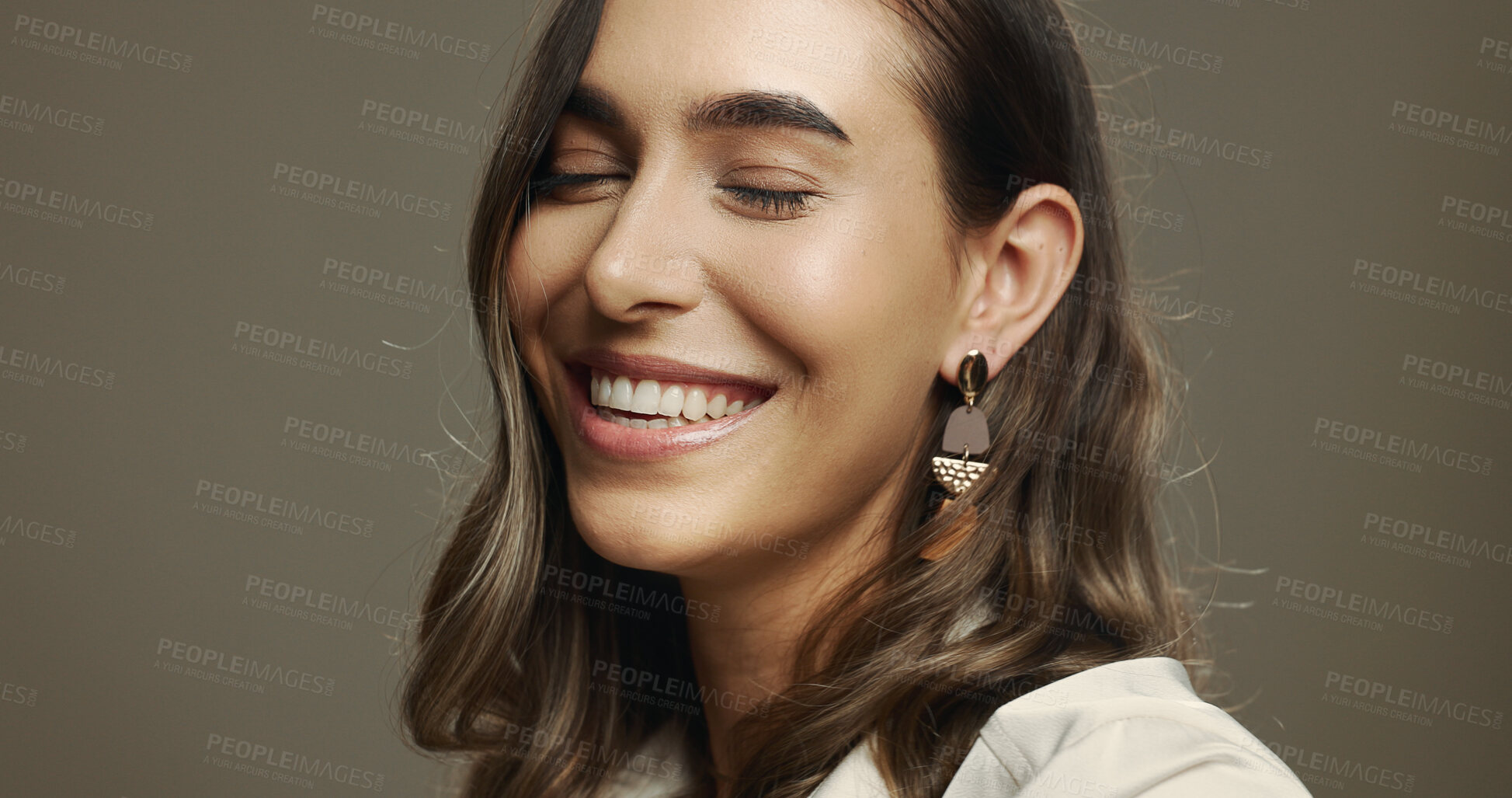 Buy stock photo Hair care, beauty and happy woman in studio for glow, confidence and shine on background space. Makeup cosmetics, hairstyle and model with eyes closed for wellness, growth and aesthetic in salon