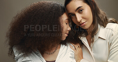 Buy stock photo Women, friends and support for beauty in studio of cosmetics, makeover and formal fashion. People, embrace and natural style with inclusion, trendy outfit and glamour aesthetic on brown background