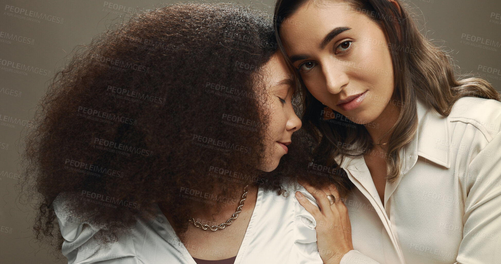 Buy stock photo Women, friends and support for beauty in studio of cosmetics, makeover and formal fashion. People, embrace and natural style with inclusion, trendy outfit and glamour aesthetic on brown background