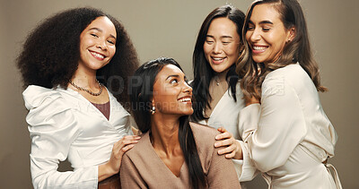 Buy stock photo Beauty, friends and women in studio happy for skincare, cosmetics and makeup. Diversity, brown background and portrait of people with natural skin for inclusion, support and glow for facial treatment