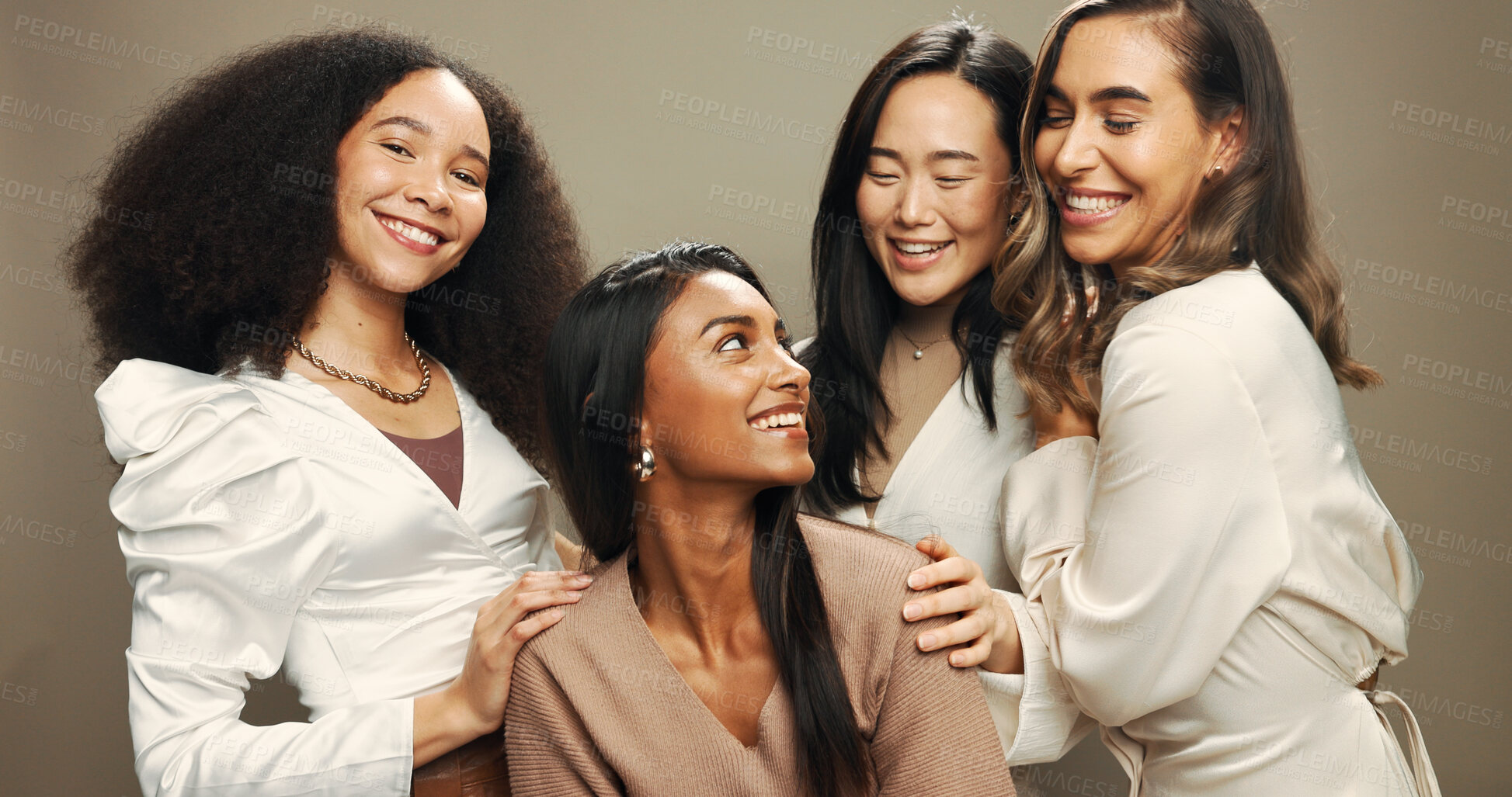 Buy stock photo Beauty, friends and women in studio happy for skincare, cosmetics and makeup. Diversity, brown background and portrait of people with natural skin for inclusion, support and glow for facial treatment