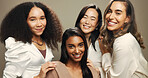 Beauty, happy and portrait of women in studio for skincare, cosmetics and makeup. Friends, brown background and face of people with natural skin for inclusion, support and glow for facial treatment