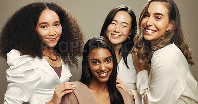 Buy stock photo Beauty, happy and portrait of women in studio for skincare, cosmetics and makeup. Friends, brown background and face of people with natural skin for inclusion, support and glow for facial treatment
