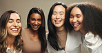 Beauty, laugh and portrait of women in studio for skincare, cosmetics and makeup. Friends, brown background and face of people with natural skin for inclusion, support and glow for facial treatment