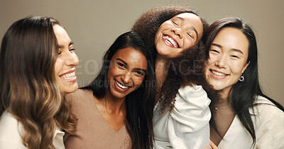 Buy stock photo Laugh, friends and portrait of women in studio for skincare, cosmetics and makeup. Beauty, brown background and face of people with natural skin for inclusion, diversity and glow for facial treatment