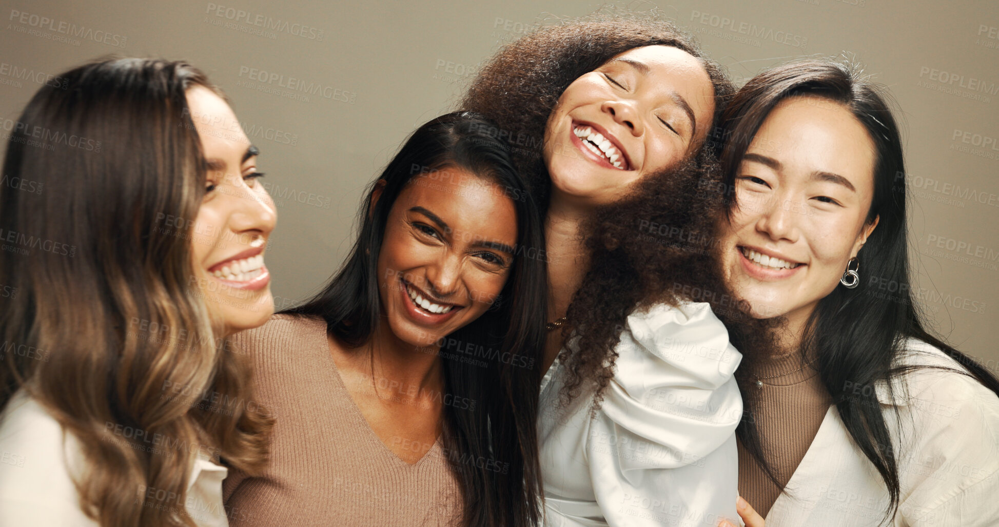 Buy stock photo Laugh, friends and portrait of women in studio for skincare, cosmetics and makeup. Beauty, brown background and face of people with natural skin for inclusion, diversity and glow for facial treatment