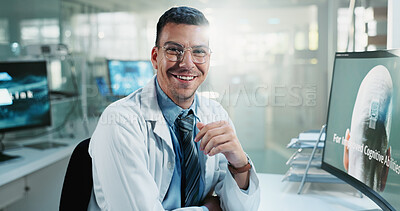 Buy stock photo Scientist, computer screen and portrait in office for research, AI brain system development or happy for innovation. Man, medical engineer or future tech in lab for cognitive interface with microchip