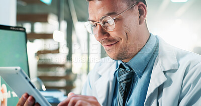 Buy stock photo Scientist, happy or man with tablet in laboratory for medical innovation, treatment development or clinical trial. Biotechnology, science expert or digital app for research, experiment report or data