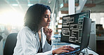 Science, research and woman with laptop, thinking and medical innovation with decision. Person, scientist and employee in laboratory, computer and choice with online reading or wonder with experiment