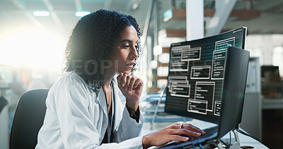 Buy stock photo Science, research and woman with laptop, thinking and medical innovation with decision. Person, scientist and employee in laboratory, computer and choice with online reading or wonder with experiment