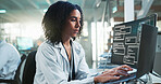 Laptop, computer screen and woman in laboratory with research for data analysis, development and innovation. Science, STEM and medical study with scientist, technology and typing results online