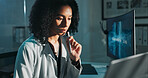 Science, laptop and woman in lab at night for medical research, innovation and vaccine development. Healthcare, pharmaceutical and scientist thinking for medicine, breakthrough ideas and discovery