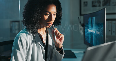 Buy stock photo Science, laptop and woman in lab at night for medical research, innovation and vaccine development. Healthcare, pharmaceutical and scientist thinking for medicine, breakthrough ideas and discovery