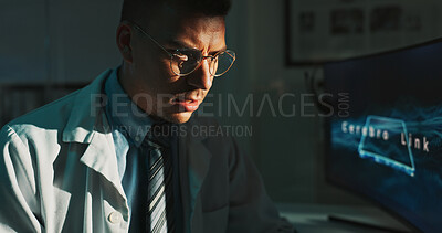 Buy stock photo Computer screen, doctor and neurology with man in hospital office for diagnosis or review. Display, medical and problem solving with serious medicine professional in clinic at night for healthcare