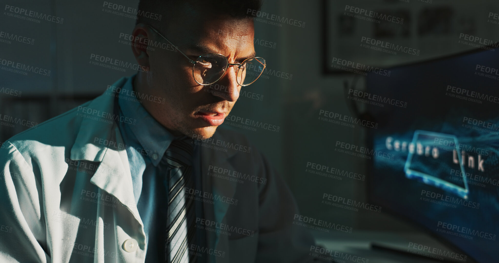 Buy stock photo Computer screen, doctor and neurology with man in hospital office for diagnosis or review. Display, medical and problem solving with serious medicine professional in clinic at night for healthcare