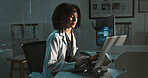 Science, laptop and black woman in lab at night for medical research, innovation and vaccine development. Healthcare, biotechnology and scientist on computer for investigation, pathology or discovery