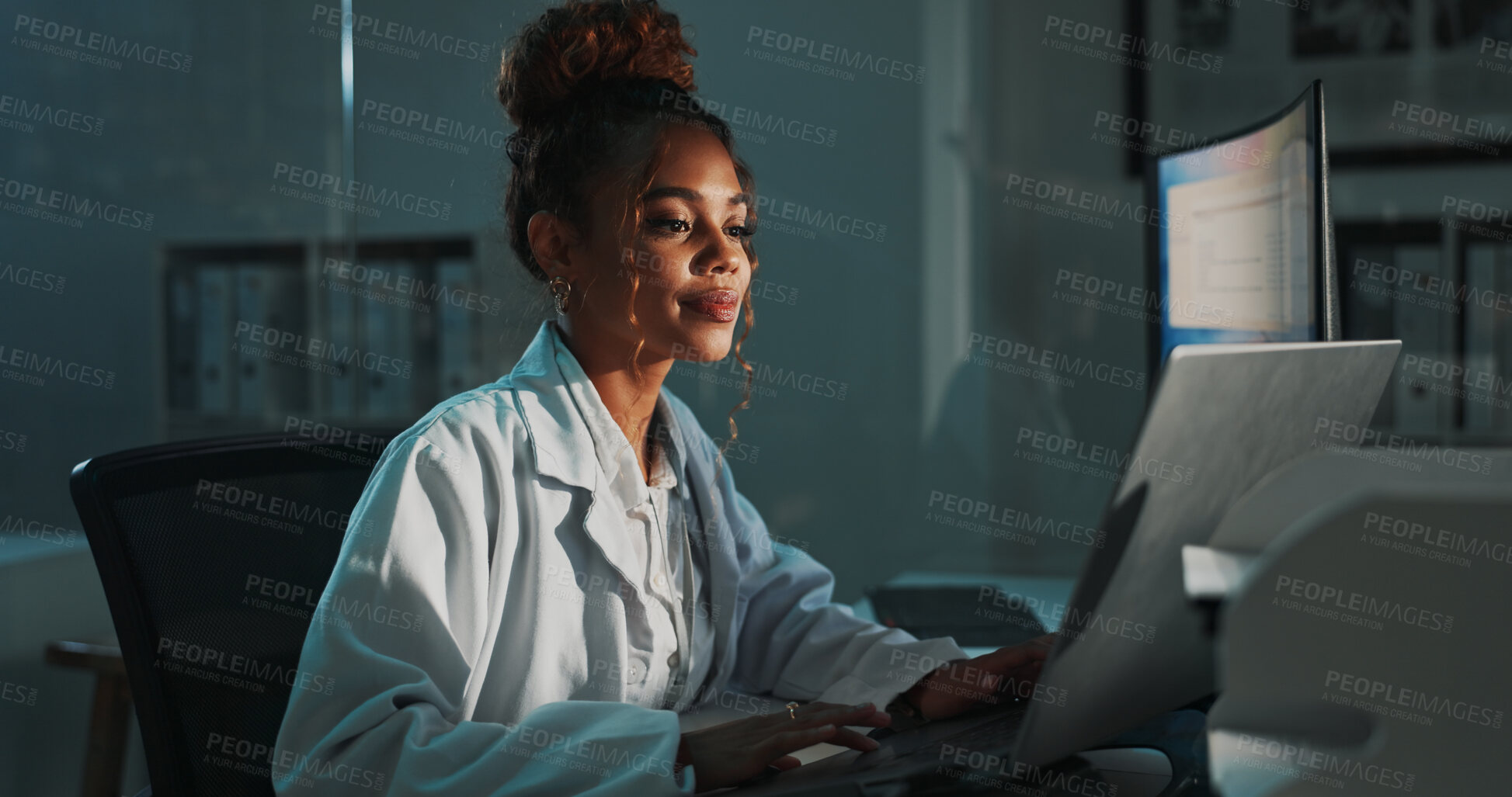 Buy stock photo Laptop, woman and scientist with research in laboratory for medical study, project or discovery. Reading, computer and female chemist with online pharmaceutical information for healthcare innovation.