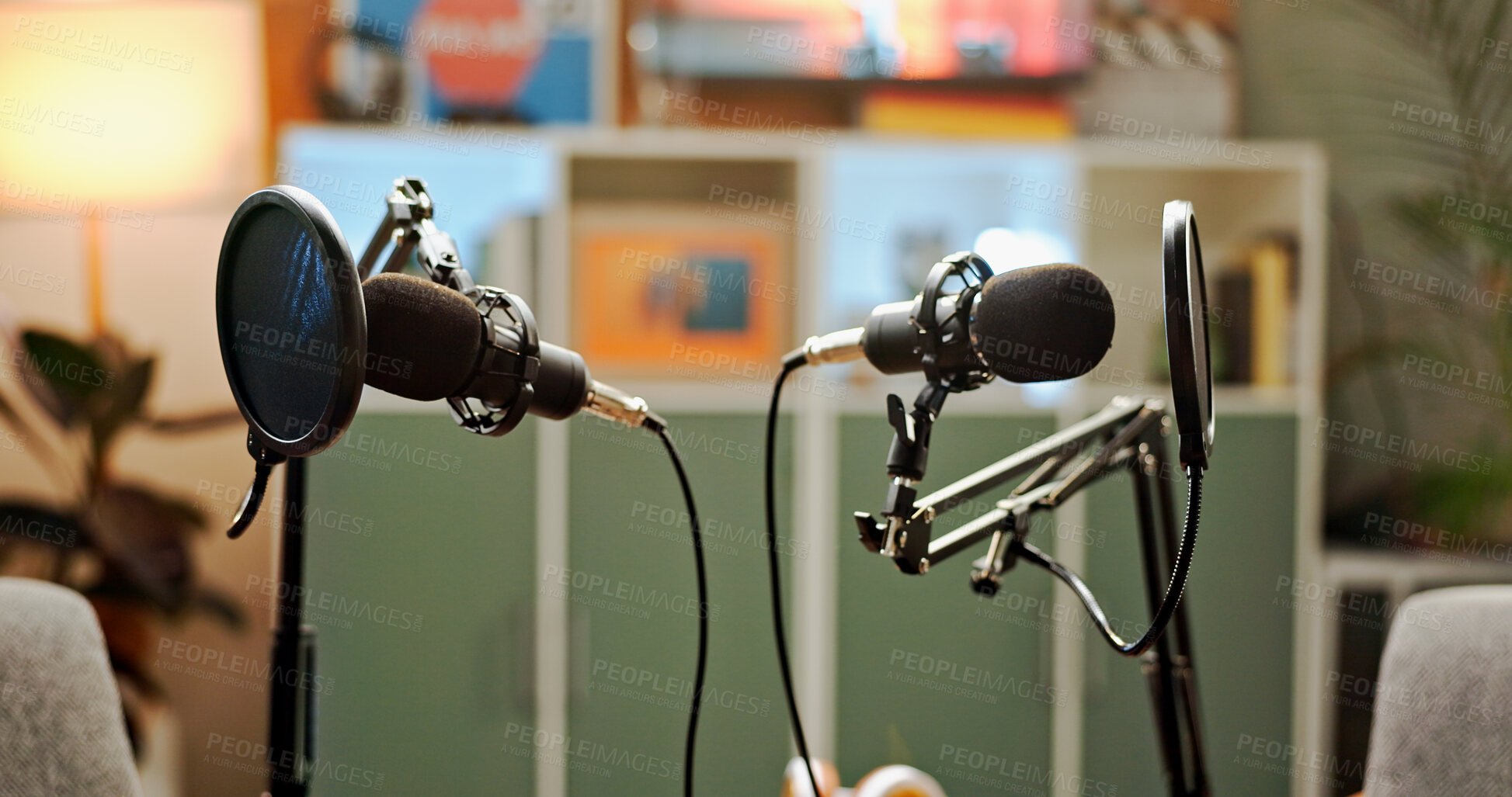 Buy stock photo Microphone, talk show and recording for podcast in studio, broadcast and announcement. Equipment, empty room and social media live streaming with radio service, streamer setup and entertainment audio