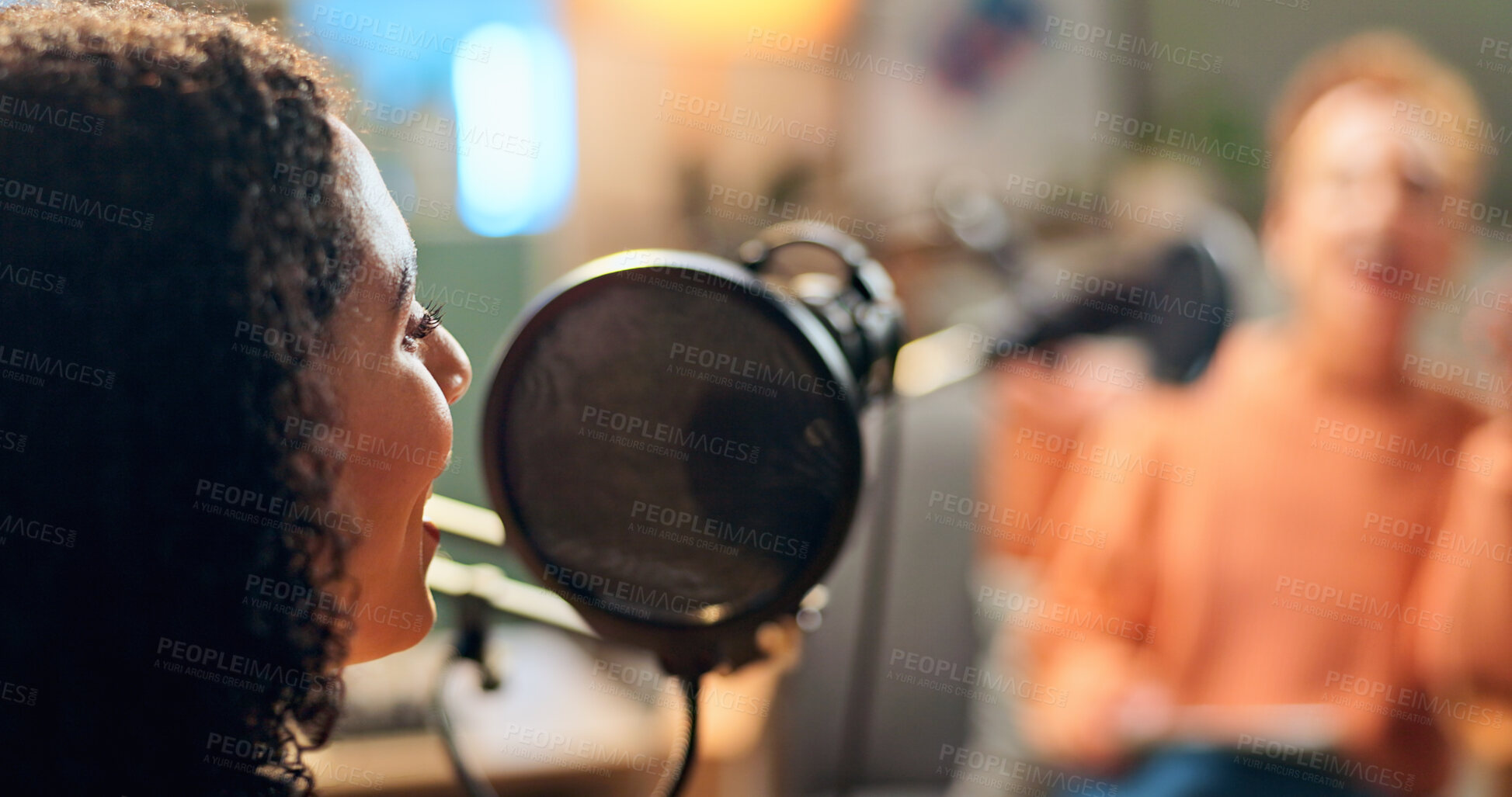 Buy stock photo Woman, speaking and mic for podcast recording of talkshow, live streaming and hosting broadcast. Person, presenter or online discussion, content creator and radio news of information update in studio