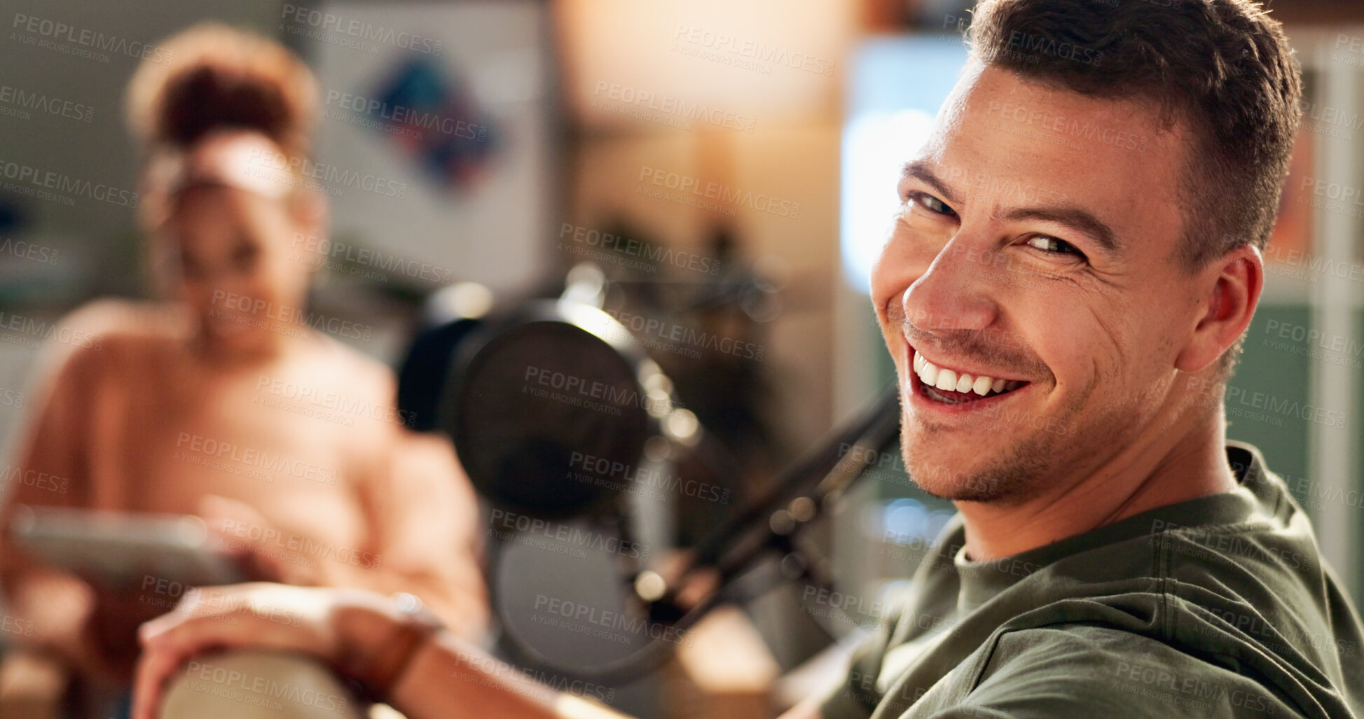 Buy stock photo Interview, podcast and streaming with portrait of man in studio for videography or live broadcast on air. Camera, content creation and recording with happy person on set for creative collaboration