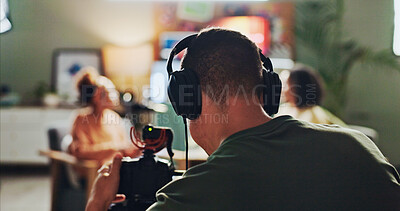 Buy stock photo Content creation, podcast and streaming with director in studio for videography or live broadcast on air. Camera, interview and recording with people on production set for creative collaboration