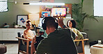 Interview, podcast and streaming with director in studio for videography or live broadcast on air. Camera, content creation and recording with people on production set for creative collaboration