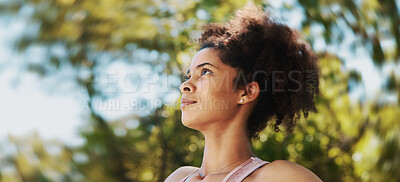 Buy stock photo Woman, fitness and thinking at park, smile and reflection with mindset, break and outdoor in summer. Person, perspective and insight in nature with rest for workout, exercise and wellness in Colombia