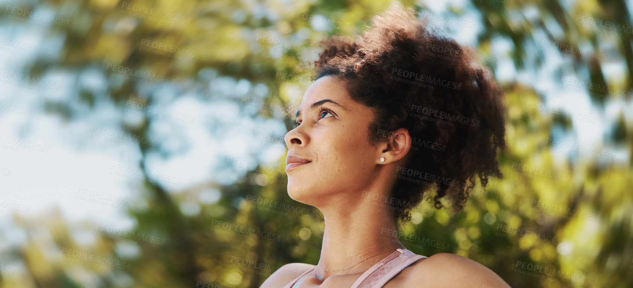 Buy stock photo Woman, fitness and thinking at park, smile and reflection with mindset, break and outdoor in summer. Person, perspective and insight in nature with rest for workout, exercise and wellness in Colombia