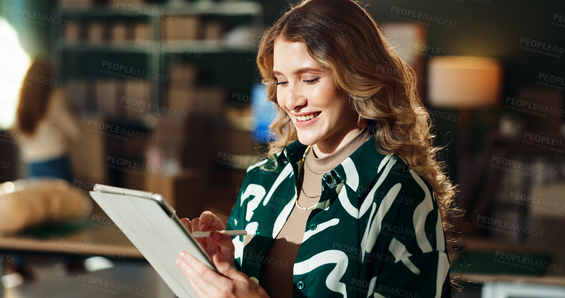 Buy stock photo Ecommerce, woman or happy with writing on tablet for order information, client communication or tracking delivery. Logistics, person or digital checklist for online shop, supply chain or distribution