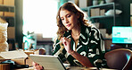 Online shop, small business and woman with tablet for stock planning, inventory management or shipping information. Logistics, person or order checklist for ecommerce, reading invoice or supply chain