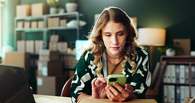 Buy stock photo Online shop, box or woman with phone at small business for stock management, delivery information or shipping. Ecommerce, startup owner or logistics app for customer communication and courier service