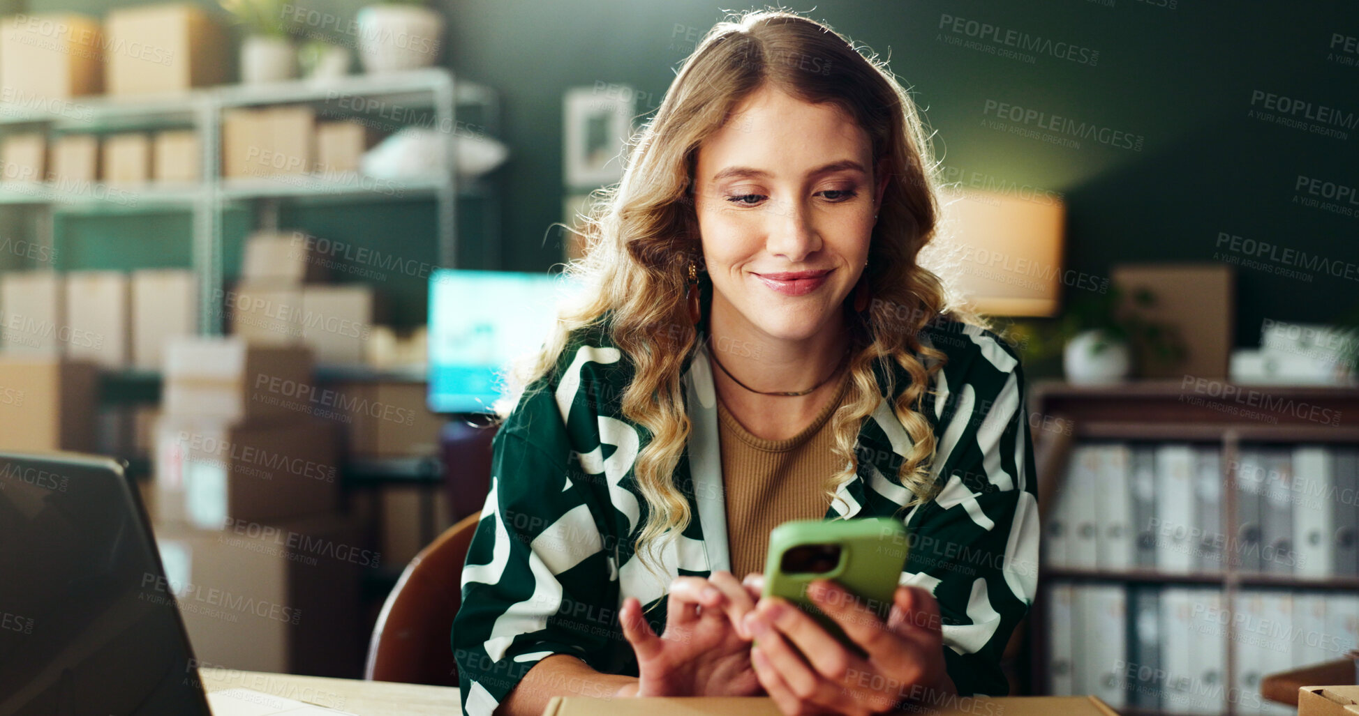 Buy stock photo Ecommerce, smile or woman with phone at small business for online order, delivery information and box shipping. Logistics, startup owner and mobile app for customer communication and courier service