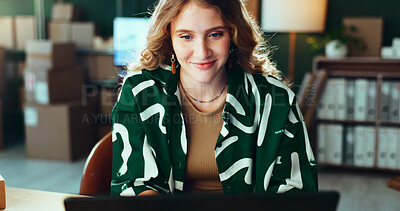 Buy stock photo Logistics, happy and woman with laptop for online shop with stock management, goods procurement and supply chain. Ecommerce, small business owner or technology for delivery tracking and distribution