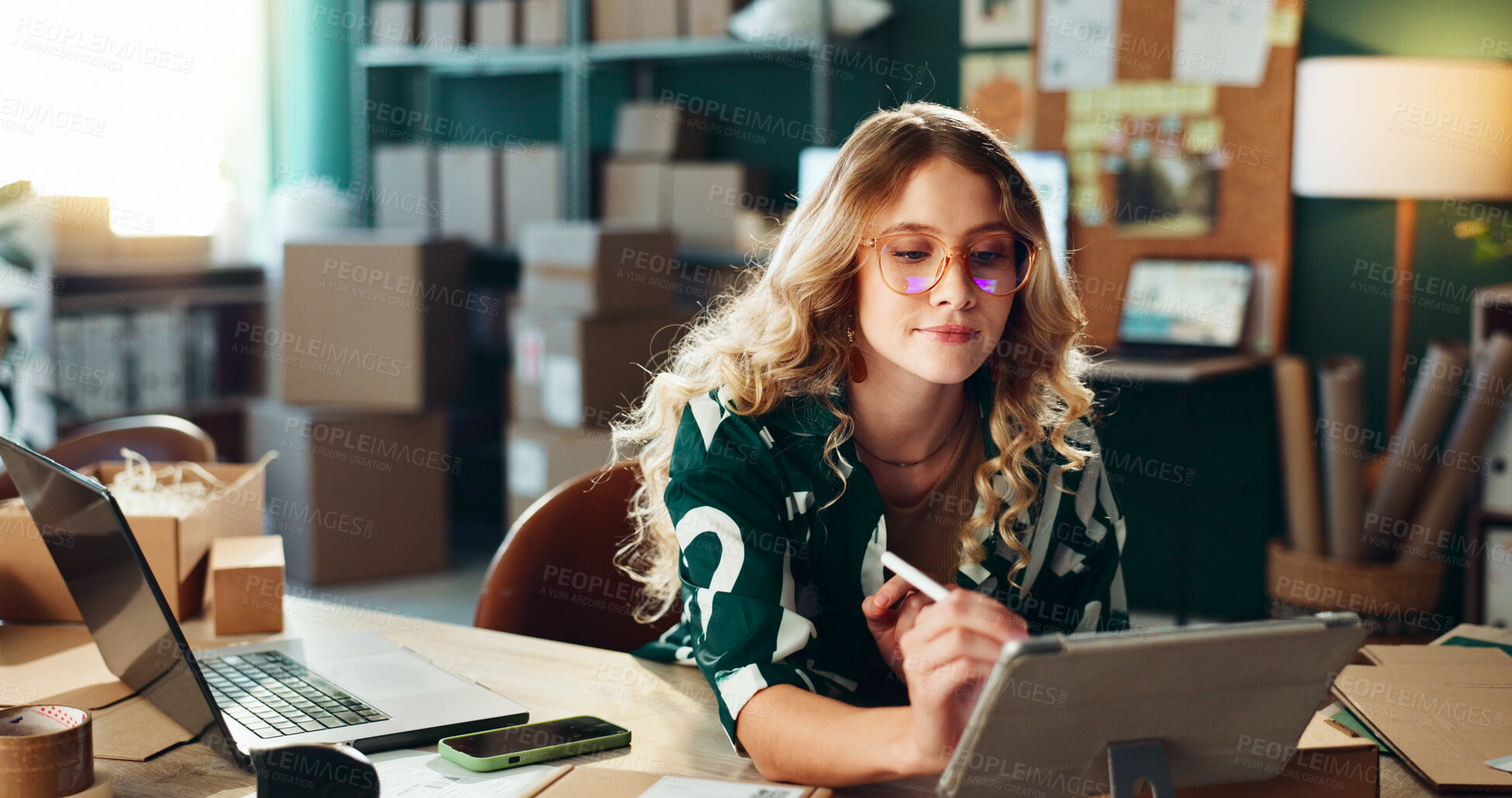 Buy stock photo Online shop, small business or woman with writing on tablet for planning, inventory management or website reviews. Logistics, person or order checklist for ecommerce, startup supplier or distribution