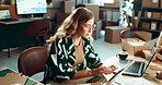 Logistics, online order and tablet with woman in office for delivery or shipping schedule. Laptop, planning and supply chain with courier person at desk in depot or warehouse for ecommerce tracking