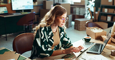 Buy stock photo Logistics, online order and tablet with woman in office for delivery or shipping schedule. Laptop, planning and supply chain with courier person at desk in depot or warehouse for ecommerce tracking