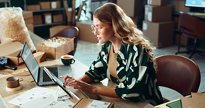 Buy stock photo Logistics, planning and tablet with woman in office for delivery or shipping schedule. Laptop, online order and supply chain with courier person at desk in depot or warehouse for ecommerce tracking