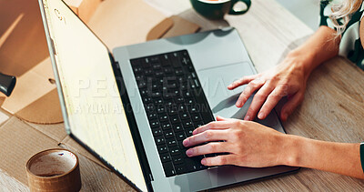 Buy stock photo Website, small business and hands of person on laptop with support for shipping plan, supplier or boxes. Startup, supply chain or logistics worker typing for package, stock or delivery distribution