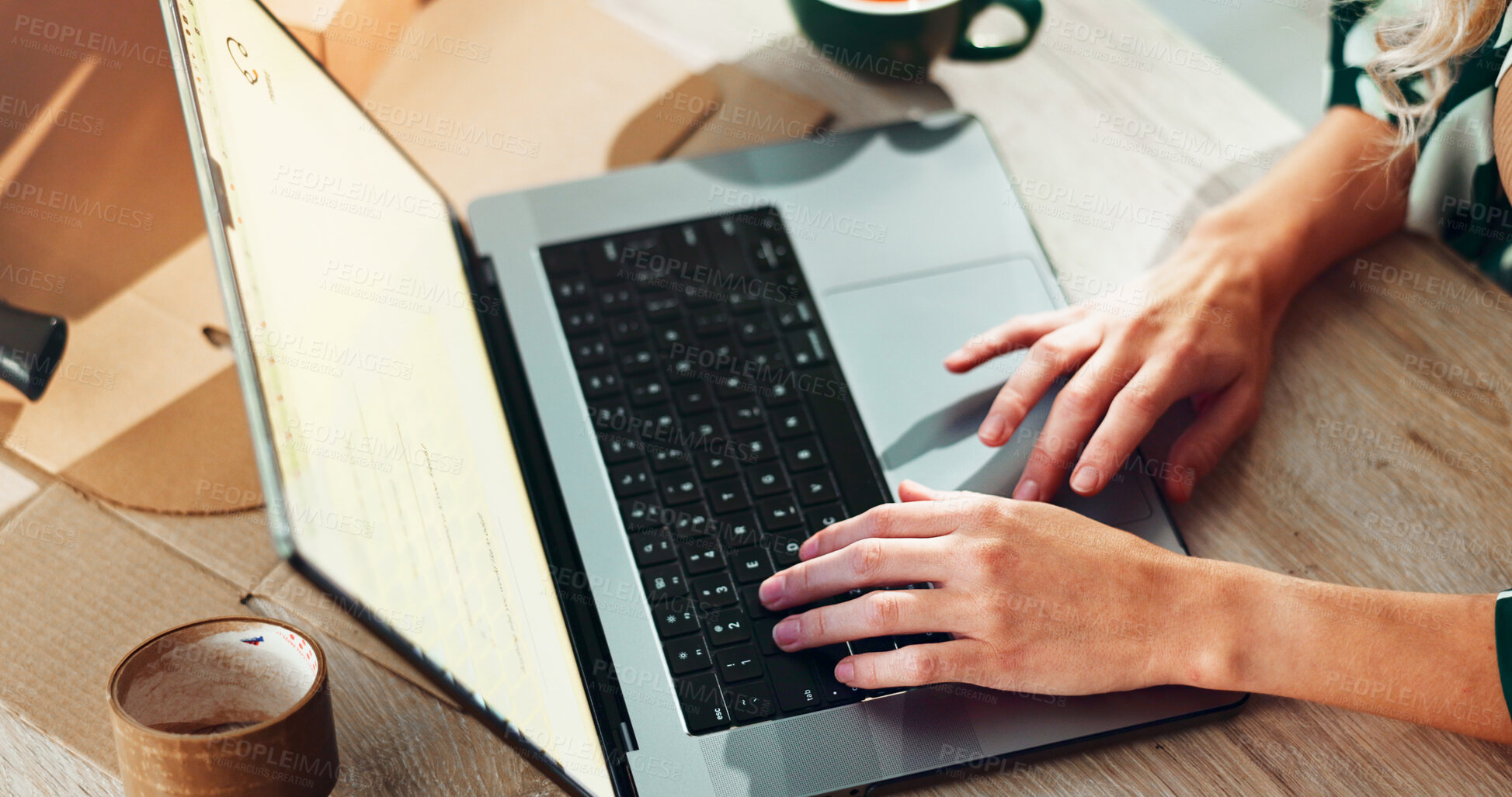 Buy stock photo Website, small business and hands of person on laptop with support for shipping plan, supplier or boxes. Startup, supply chain or logistics worker typing for package, stock or delivery distribution