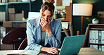 Laptop, logistics and yawn with tired woman in office for delivery or shipping schedule. Computer, fatigue and supply chain with exhausted person in depot or warehouse for ecommerce tracking