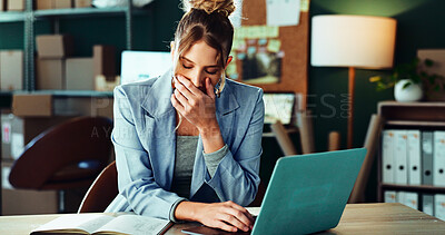Buy stock photo Laptop, logistics and yawn with tired woman in office for delivery or shipping schedule. Computer, fatigue and supply chain with exhausted person in depot or warehouse for ecommerce tracking