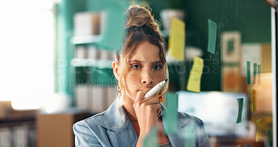 Buy stock photo Glass wall, logistics and thinking with woman in office for delivery or shipping schedule. Planning, problem solving and supply chain with serious person in depot or warehouse for ecommerce tracking