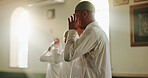 Religion, prayer and Muslim men in mosque, faith and peace for Palestine, spiritual belief or arabic culture. Islamic group, people or worship in holy temple and community solidarity in Saudi Arabia