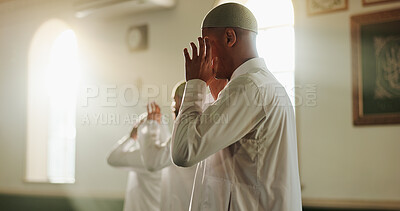 Buy stock photo Religion, prayer and Muslim men in mosque, faith and peace for Palestine, spiritual belief or arabic culture. Islamic group, people or worship in holy temple and community solidarity with gratitude