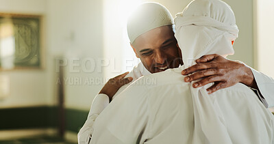 Buy stock photo Muslim, religion and people in mosque, hug and happy for prayer in morning, belief and gratitude for God. Ramadan, embrace and men with Islamic faith in temple, worship and spiritual for Eid al Fitr