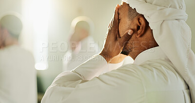 Buy stock photo Muslim, religion and praying in mosque, man and worship for Islamic faith, Ramadan and holy spirit. Fajr, praise and person with respect for Allah, humble and gratitude to God in temple or belief