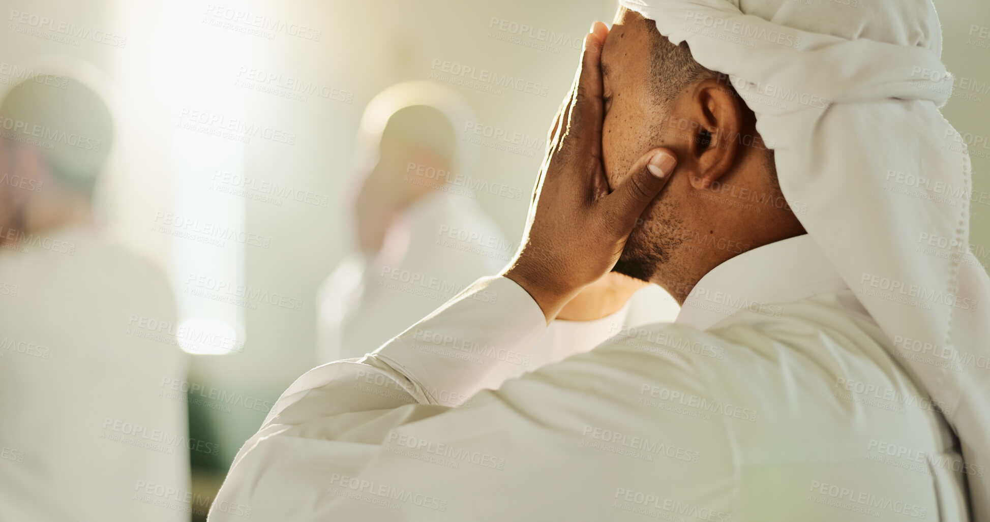 Buy stock photo Muslim, religion and praying in mosque, man and worship for Islamic faith, Ramadan and holy spirit. Fajr, praise and person with respect for Allah, humble and gratitude to God in temple or belief