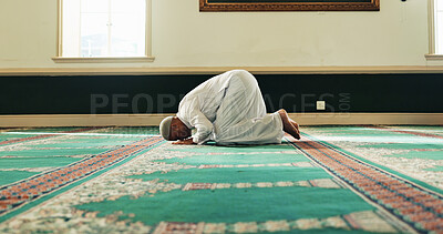 Buy stock photo Islamic man, bow and prayer for religion, worship Allah or holy faith in mosque on Eid. Temple, muslim person or meditate for peace, hope or praise for spiritual gratitude on floor for dua on Ramadan